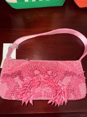 Pink Beaded Evening Clutch with Decorative Fringe